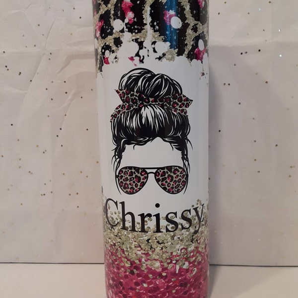 20 OZ Hot Pink Glitter Leopard Messy Bun Hair Skinny Tumbler Design ...