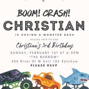 Editable Monster Truck Birthday Invitation ANY AGE Boom Crash Monster Bash Printable Invite Trucks Birthday Invite Template For Boys Jam