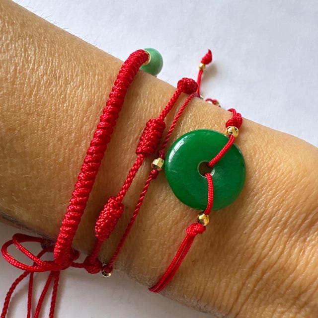 Jade Donut Bracelet: Red String, 18K Gold Filled Beads, Good Luck