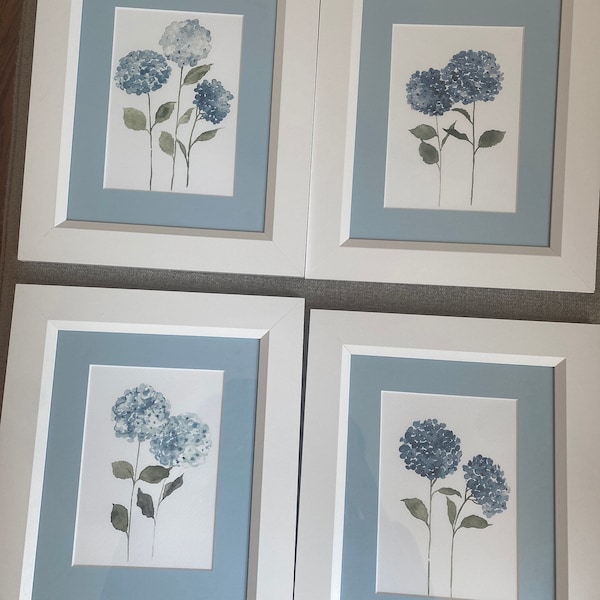 Hydrangea Flower Set 4 Print Wall Art, Blue Botanical Art Print ...
