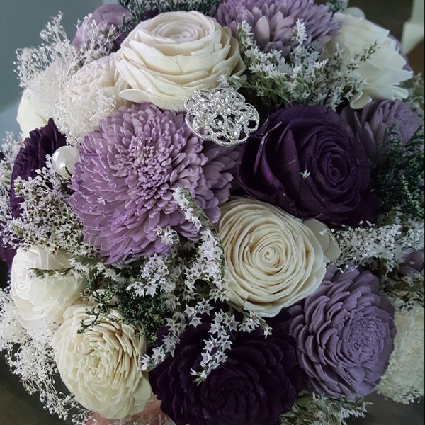 Dark Purple Sola Wood Flower Bouquet, Plum Wooden Bouquet, Bride ...