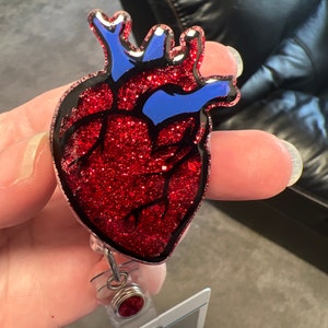 Heart Retractable Badge Reel, Anatomy ID Holder, Red Glitter RN Key Card,  Cardiology Hospital Nurse Gift, Medical Tag, Anatomical 