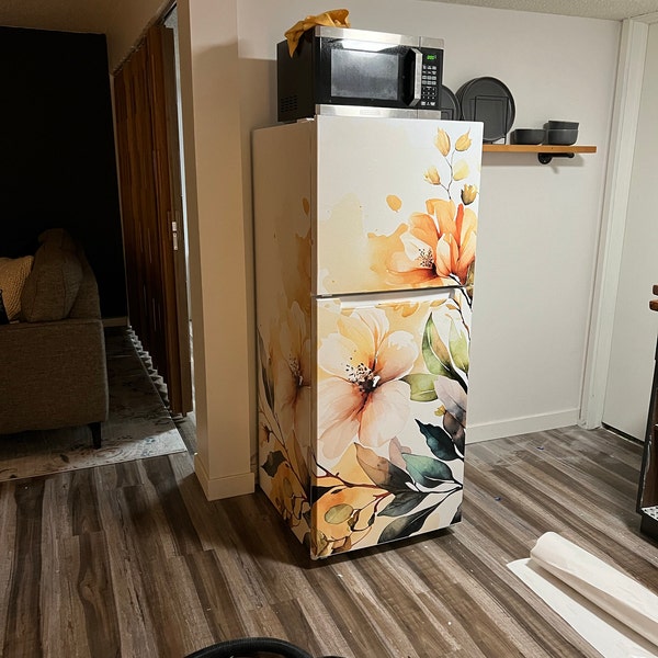 Fridge Wrap Floral Beige Refrigerator Wrap Vinyl Side by Side ...