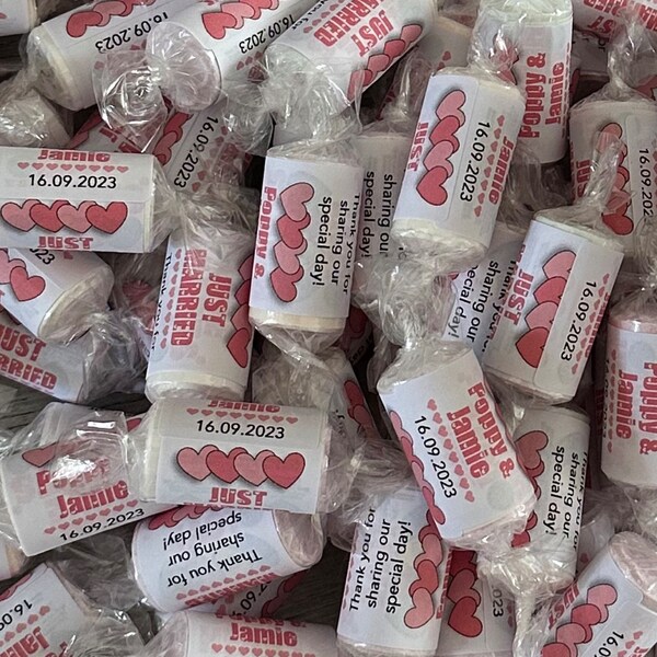 25/50/100 Personalised Mini Love Heart Sweet Wrappers Stickers - Foto 4