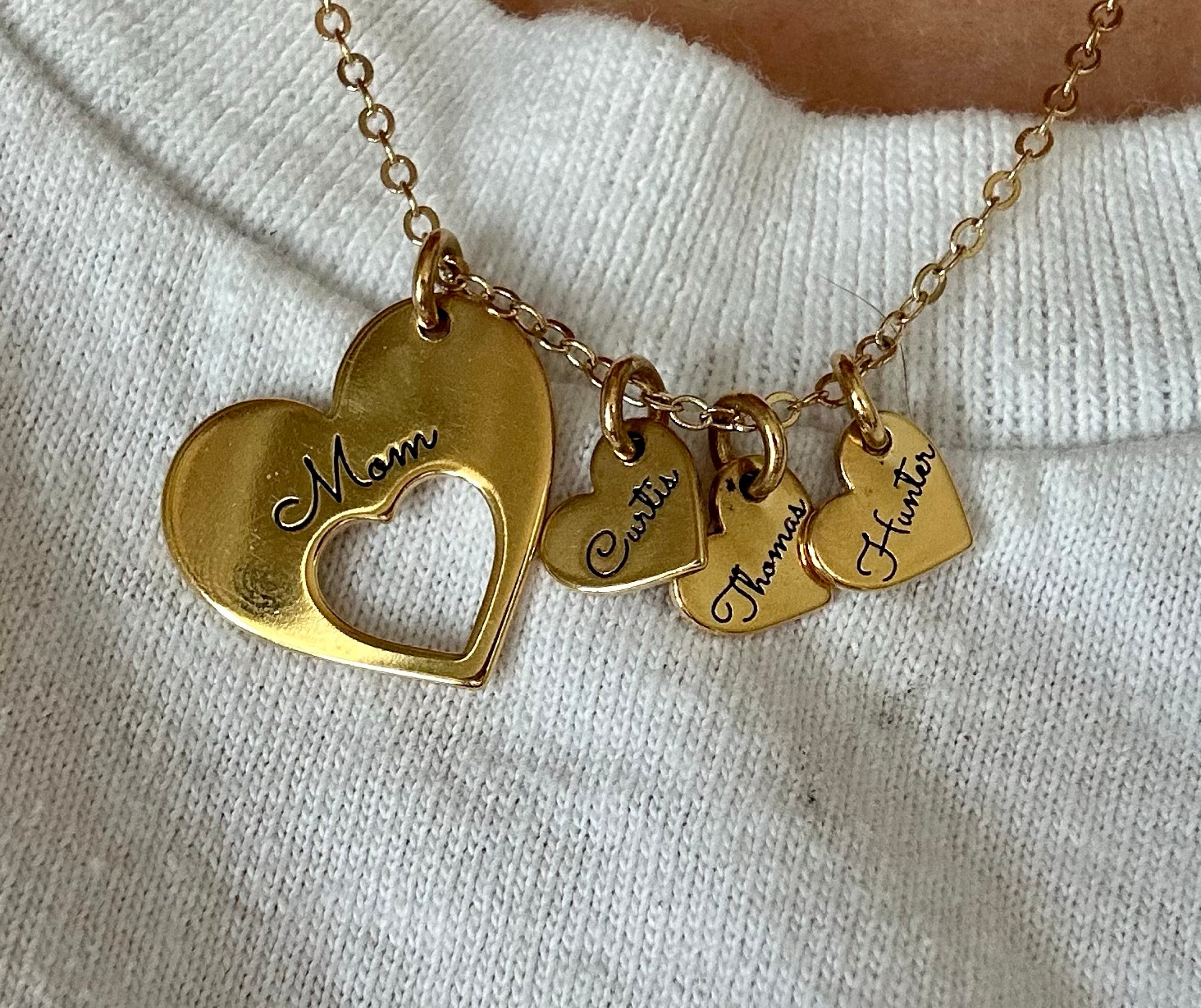 Name Necklace For Mom, Personalized Necklace With Kids Names, Engraved Hearts Necklace With Multiple Names, Necklace For Mom With Kids Names