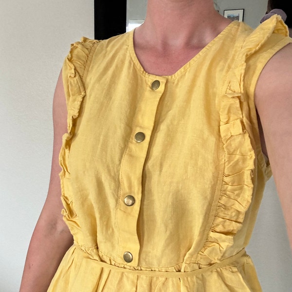 Ruffle Front Ruffled Linen Midi Dress, Puffed Sleeves, Adjustable Waist - Etsy