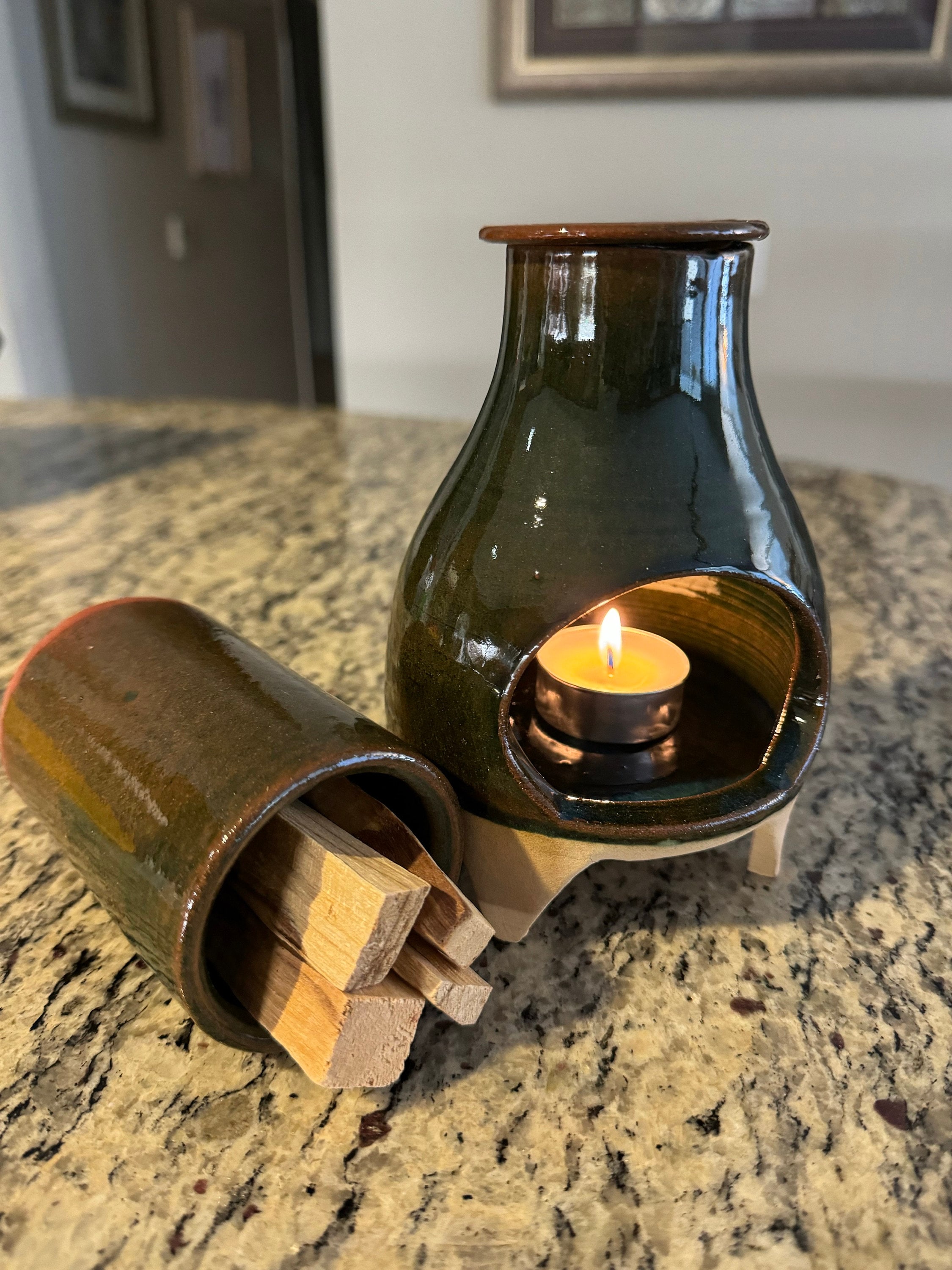 OlaKala Mid-Century Troyan Green Glazed Incense Burner Palo Santo Burner Handmade Footed Oil Burner Modern Chimney MeditationTeaLight Holder
