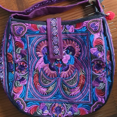 Purple Bird Pattern Crossbody Bag With Hmong Embroidery, Round ...