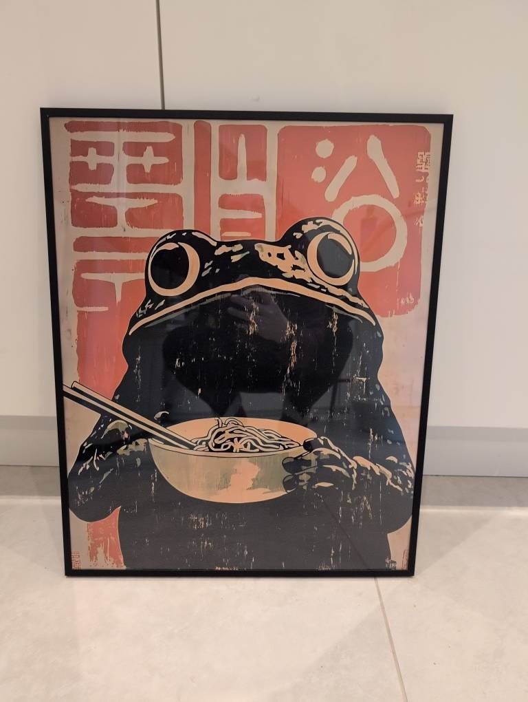 Retro Frog Ramen Poster, Frog Eating Ramen Print, Ramen Noodles Wall Art, Quirky Kitchen Decor, Japanese Inspired Poster, Unique Wall Art