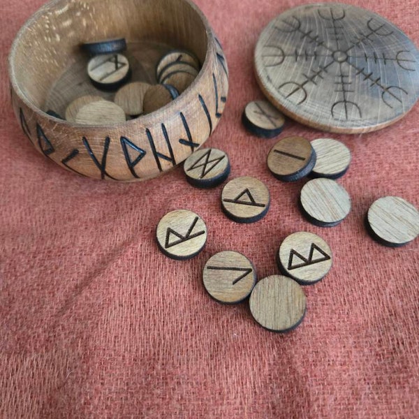 Round Runes Hand Turned Alder Wood Box of 24 Dark Wood Runes Round Small Rune Set ...
