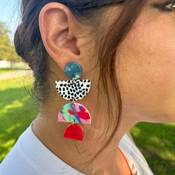 Multicolored Acrylic Dangle Earrings - Colorful Geometric Statement ...