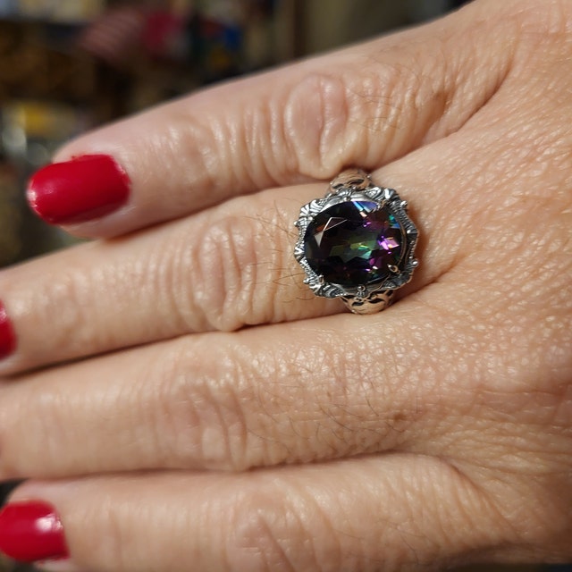 Natural Mystic Topaz Ring/ Sterling Silver/ 4ct Oval Cut Natural Mystic Topaz Ring/ Sterling Silver/ 4ct Oval Cut