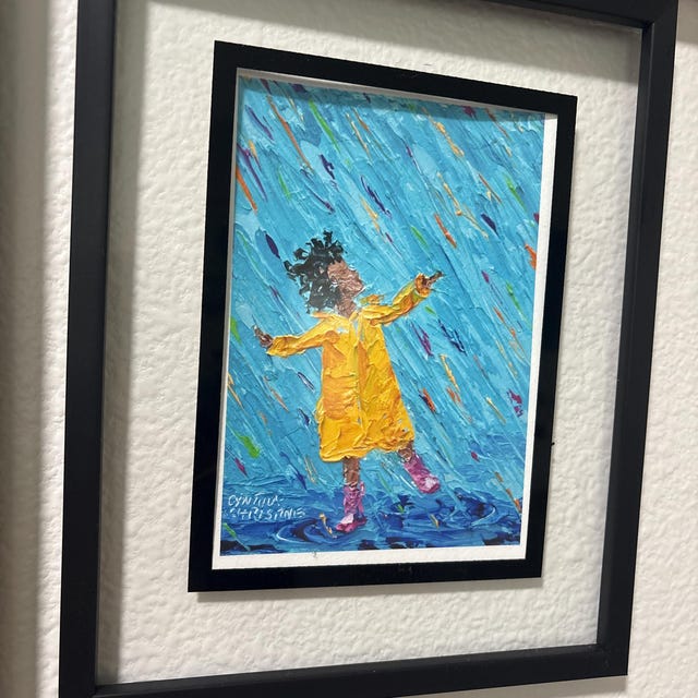 Puddle Jumping Art Print: Whimsical Rainbow Rain, Child in Yellow