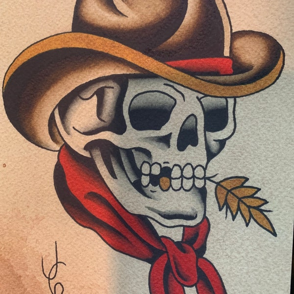 Cowboy Skull American Traditional Tattoo Flash Print - Etsy