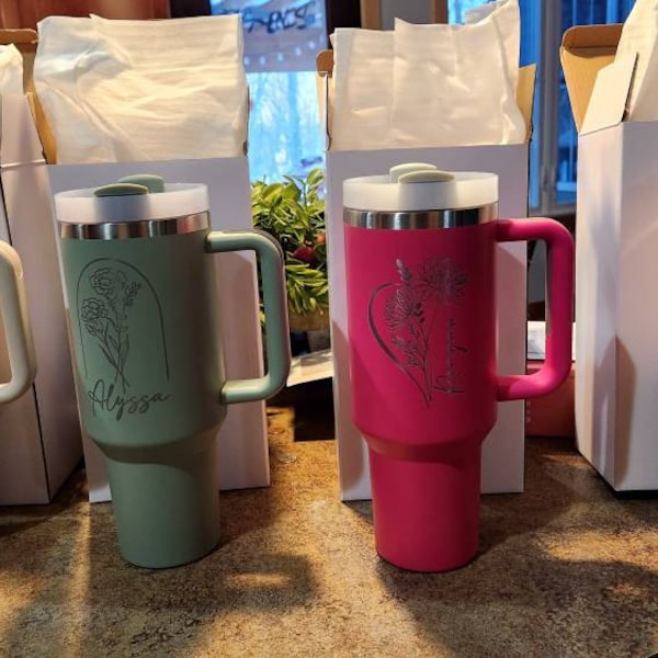 Personalized Birth Flower 40oz Tumbler With Handle and Straw, Bridesmaid Tumblers, Custom 40oz ...
