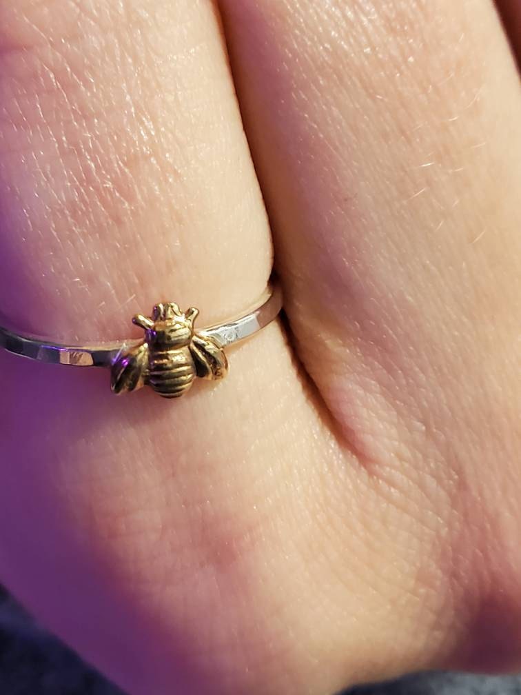 Simple tiny sterling silver bee ring, silver and gold brass stacking ring, hammered band ring, gift for women