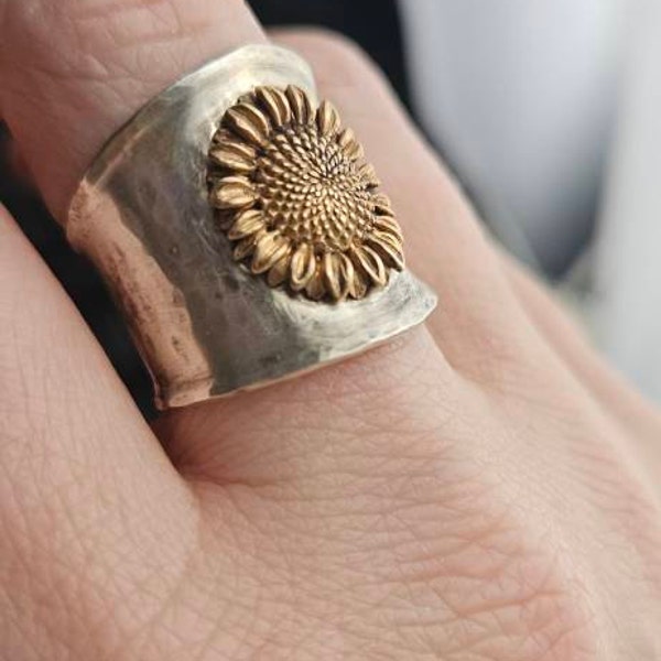 Sterling Silver Sunflower Ring, Sunflower Wide Band Ring, Handmade ...