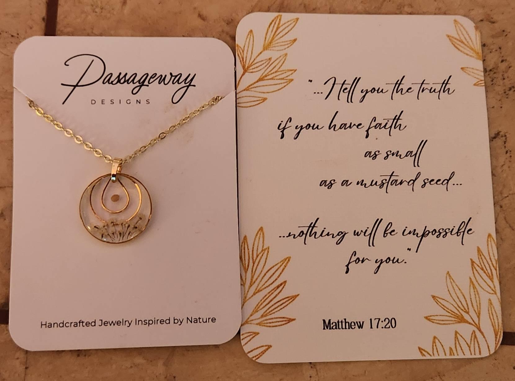 Mustard seed necklace, Mustard seed jewelry, faith necklace, inspirational gift, Christian jewelry, Matthew 17:20, real pressed flowers