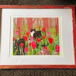 チューリップキャッツ - 春の猫のプリント - 猫の絵画 - ファイン