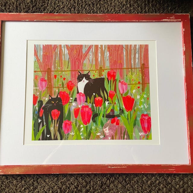 猫とチューリップの絵画 額縁入り チューリップキャッツ - 春の猫のプリント - 猫の絵画 - ファイン