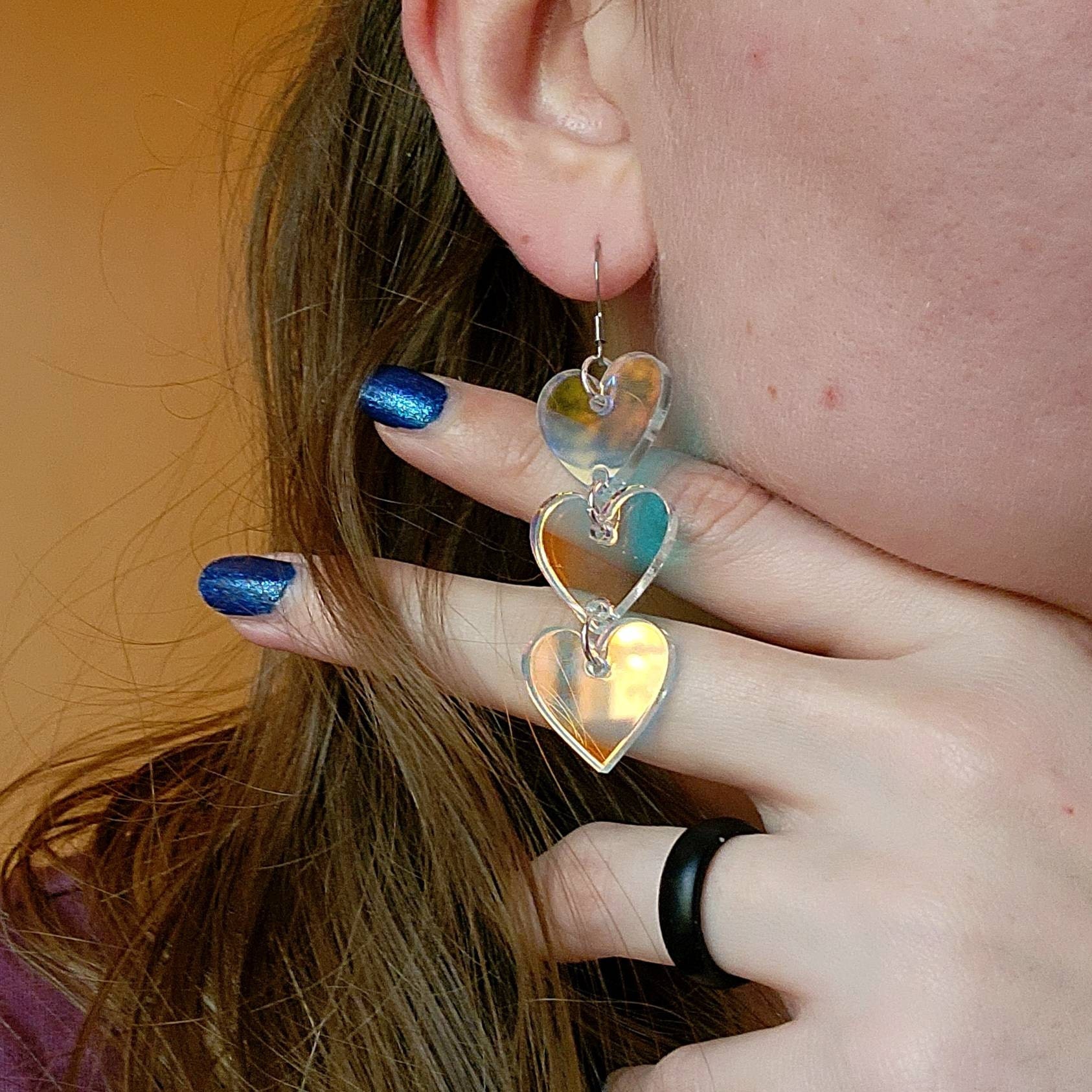 Heart Shaped Iridescent Waterfall Drop Earrings - acrylic - eras - lightweight - FALLING HEART - Rainbow