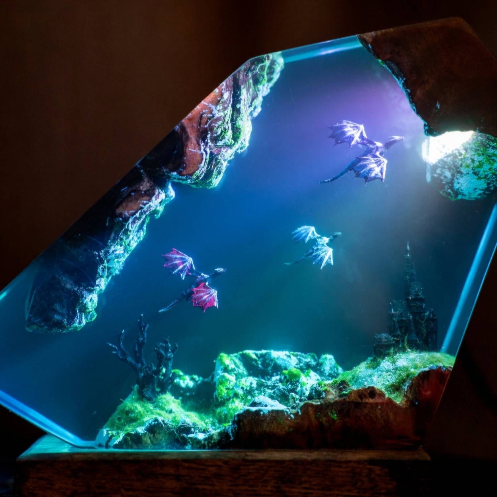 Dragon Resin Wood Night Light, Ice & Fire Dragon Lamp- Gift for Him, birthday gift, unique lamp, epoxy resin lamp, custom night light