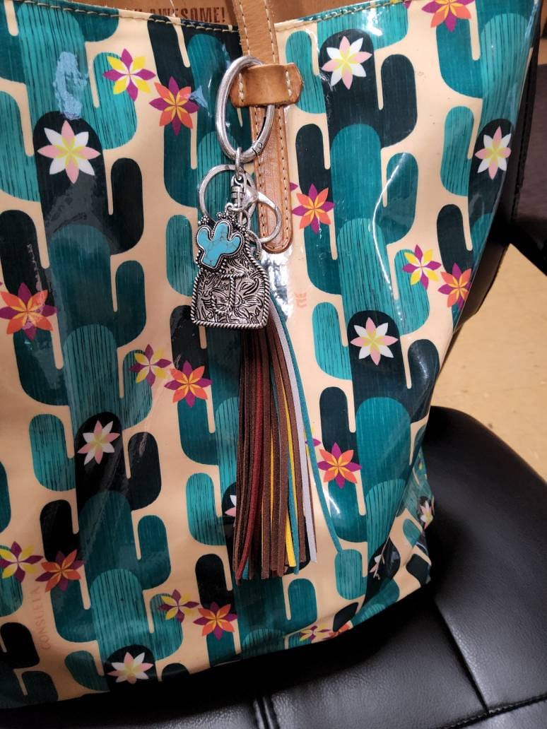 Initial Monogram Keychain/ Turquoise Charm/Initial Cattle Ear Tag Keychain/multi color tassel fringe keychain