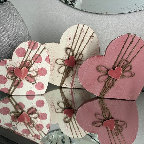 Hand-painted Rustic Heart Decor Trio: Shelf Sitter Wooden Hearts With ...