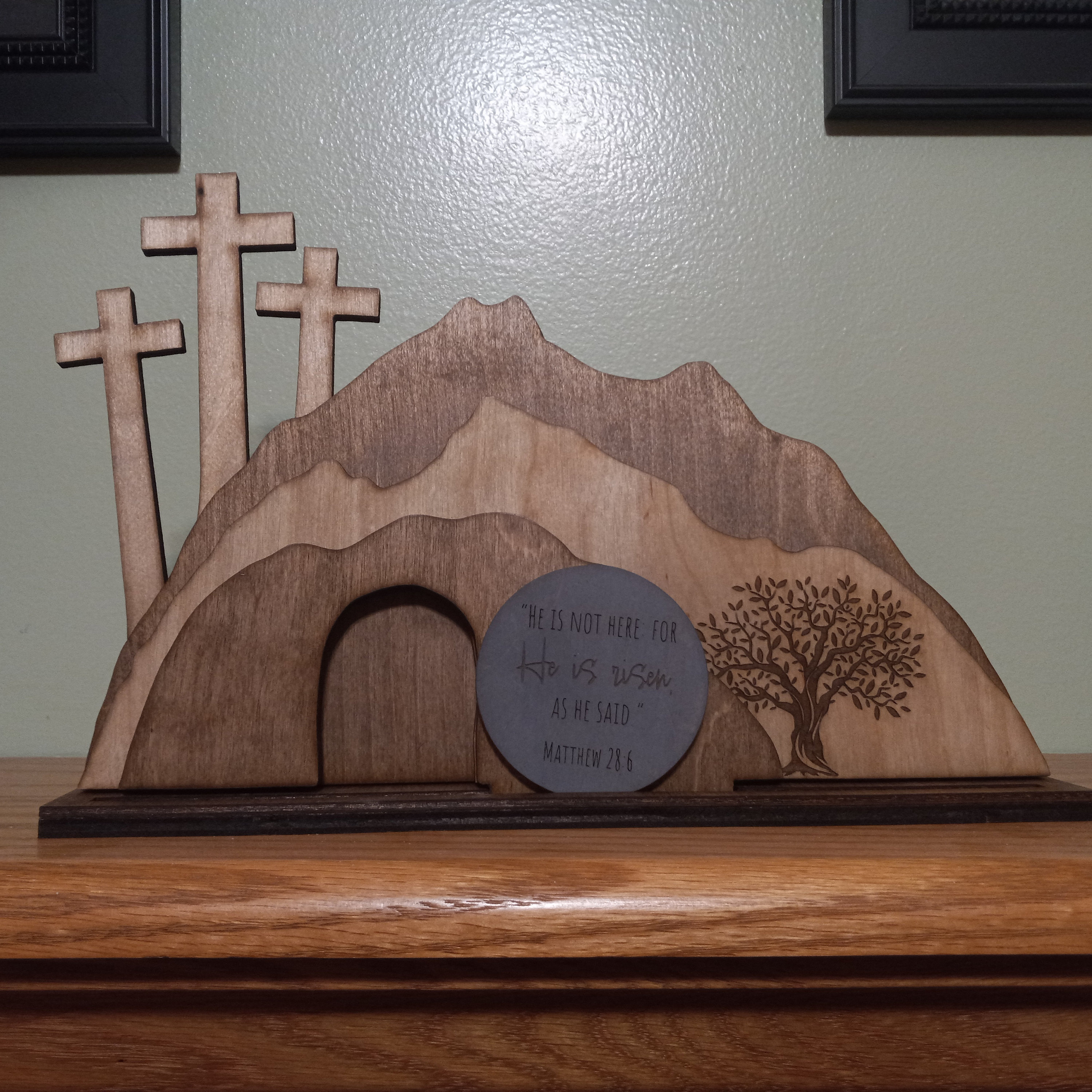 Empty Tomb &quot;He is Risen&quot; Decoration with Cross and Olive Tree, Religious, Christian, Easter Display, Easter Tomb, Laser Cut