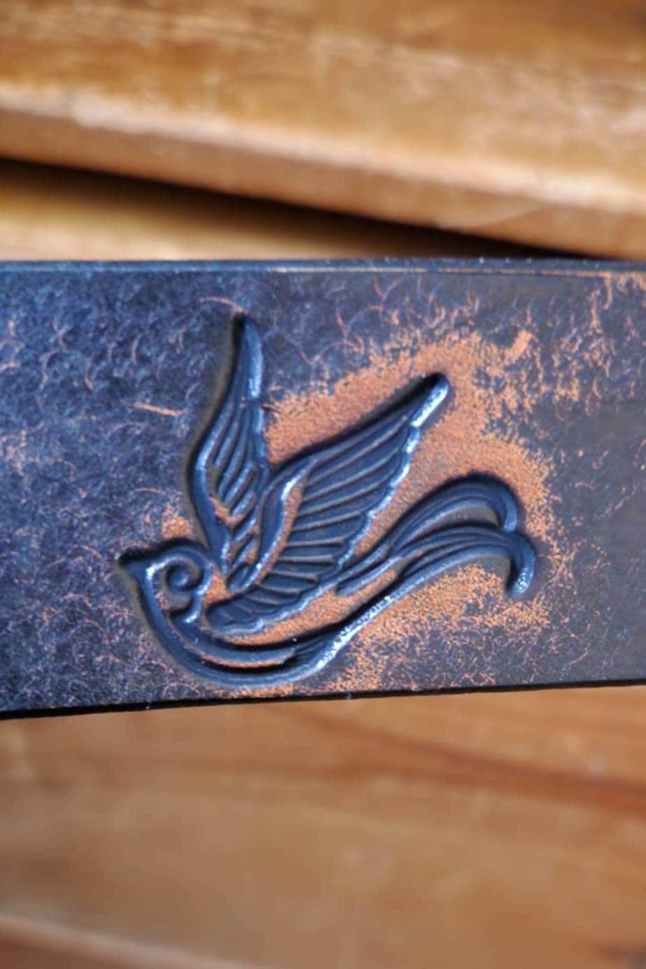 Leather Belt Sparrow Vintage Aged Leather belt - embossed sparrow snap belt  Handmade in USA Groomsmen Wedding Swallow Bird Tattoo Flash Art