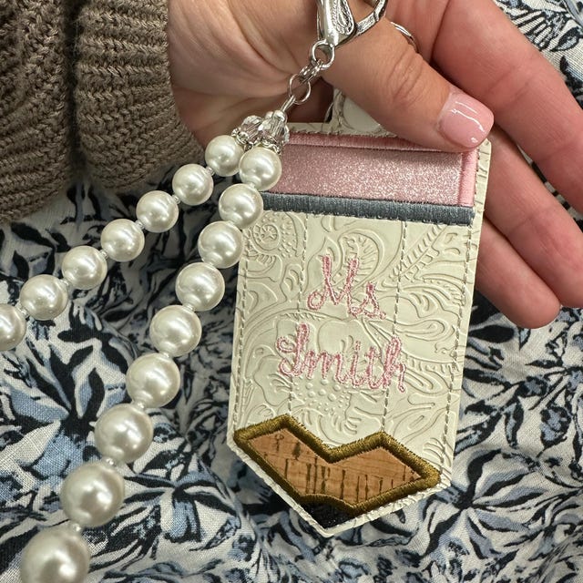 Cream Embossed Pencil ID Holder,personalized Bag Tag,custom