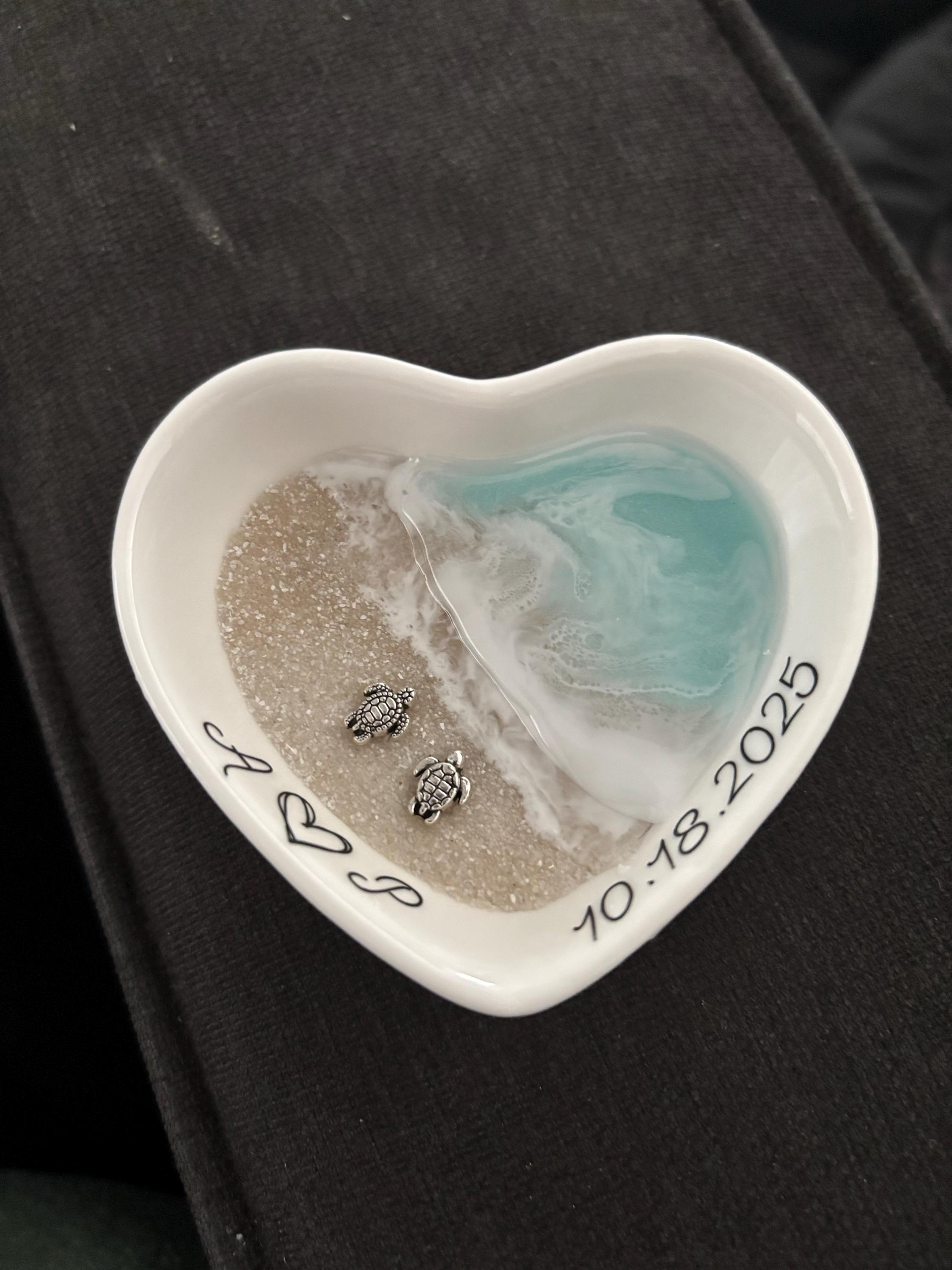 Personalized Turtle Ring Dish Custom Wedding Gift Engagement Engaged Fiancé Wife Custom Ocean Decor Beach Ceramic Heart Woman Anniversary
