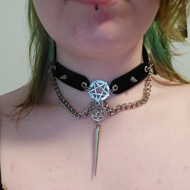 Gothic Leather Pentagram Choker Pagan Wicca Spiked Choker 