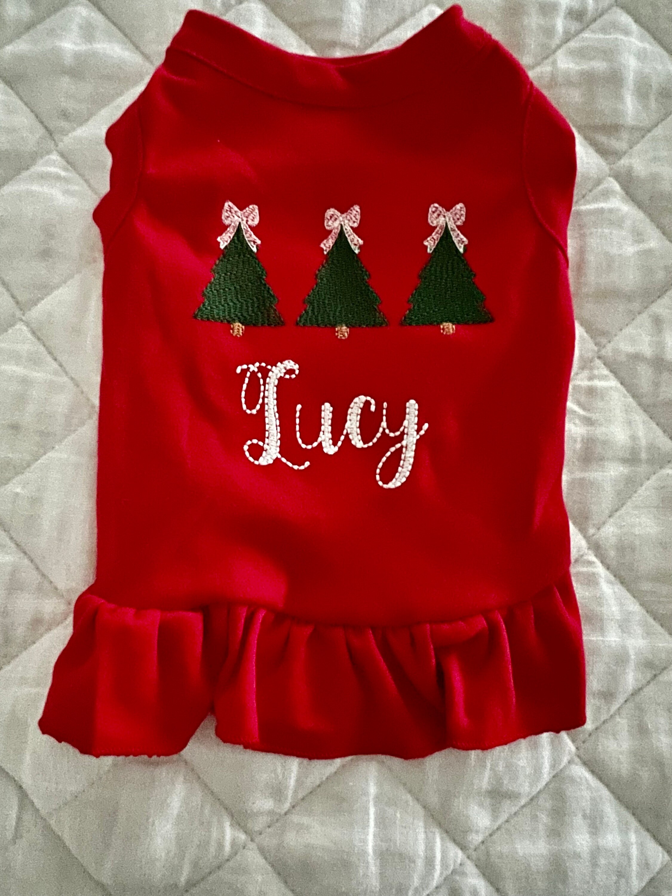 Christmas Dog Shirt or Dress, Christmas Bow Tree Sketch Trio Monogrammed Shirt, Beautiful Personalized Embroidered Holiday Puppy Clothing