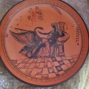 ギリシャの皿、直径28 cm、オレンジ色の背景、白鳥に乗ったゼウス神が