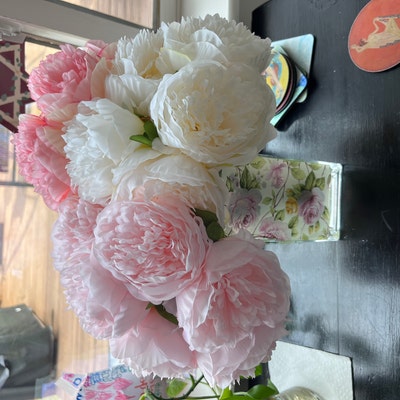 Pure Silk Peony Bouquet / Bundle 13'' Tall, Pink / White, Artificial ...
