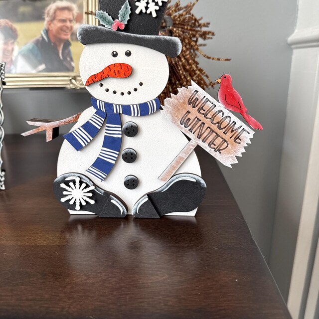 Welcome Winter Snowman | Hand Painted Shelf Sitter | Cozy Winter