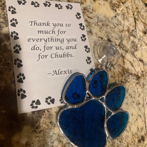 Stained Glass Paw Print Suncatcher, Blue Cathedral Art Glass , Pet Loss ...