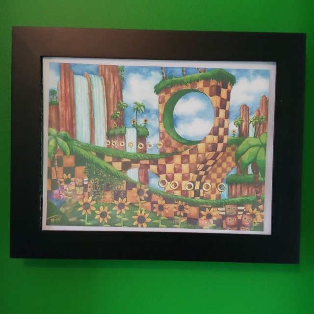 Sonic Green Hill Zone Watercolor Painting Reproduction Print