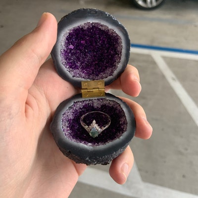 Purple Glass Crystal Engagement Ring Box , Handmade Glass Crystal Druzy ...