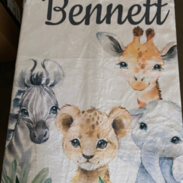 Safari Animals Baby Boy Name Blanket, Jungle Greenery Leaves Forest ...