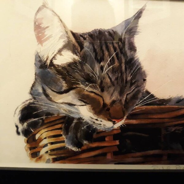 Brown Gray Tabby Cat Art Print of My Watercolor Painting Basket Case ...