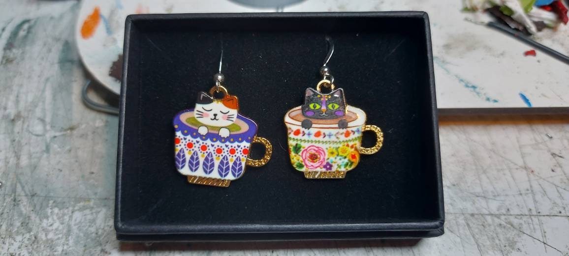 Silver dangle/ drop earrings with mismatch cat in a teacup charms, cat earrings, cat jewellery, mismatch earrings