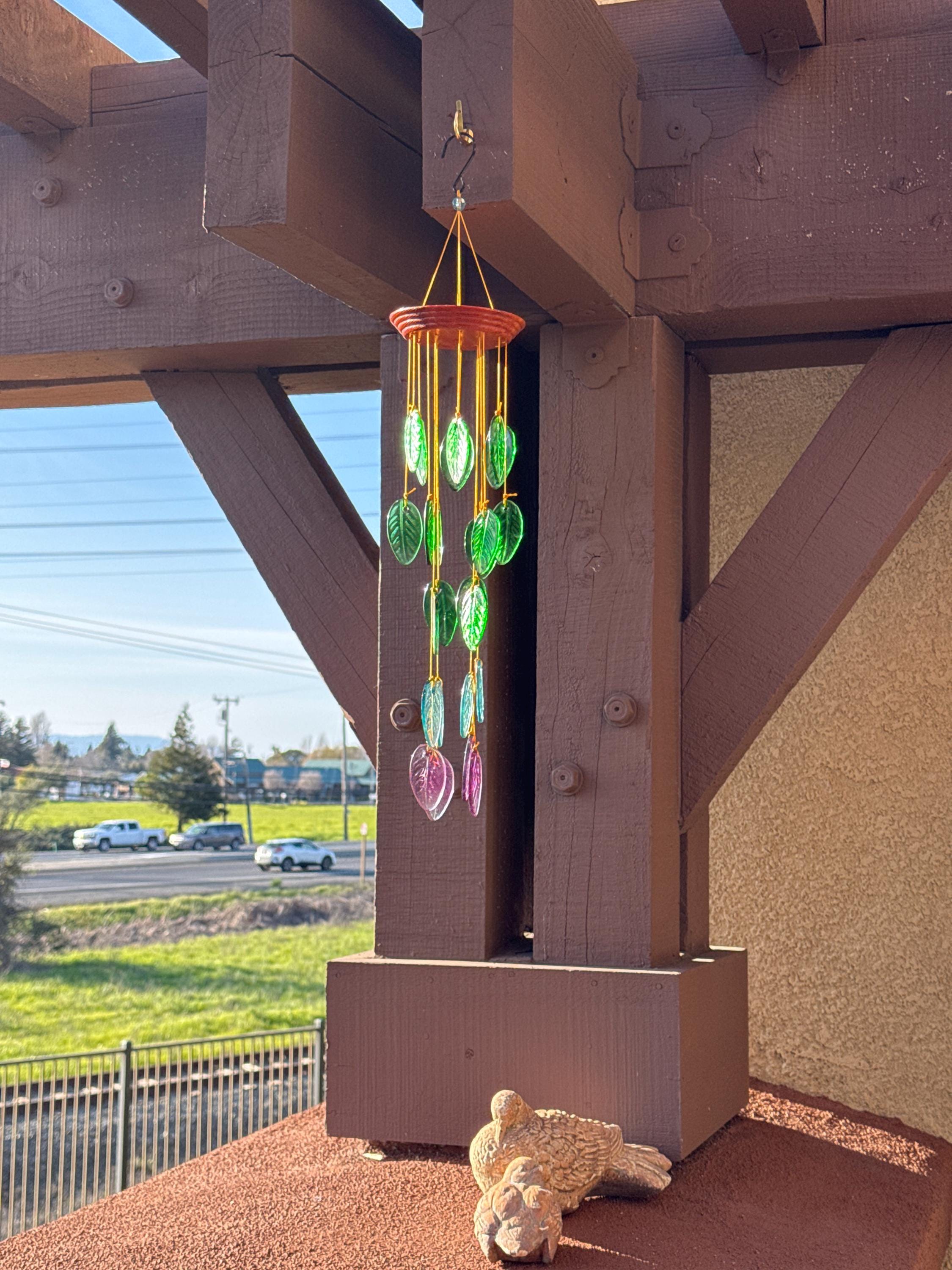 Rainbow colored Glass Leaves Wind Chime, Free Shipping.  Personalized Card on Request. Gift for  Mother. Father, Mom or Friend. Upcycle Art.
