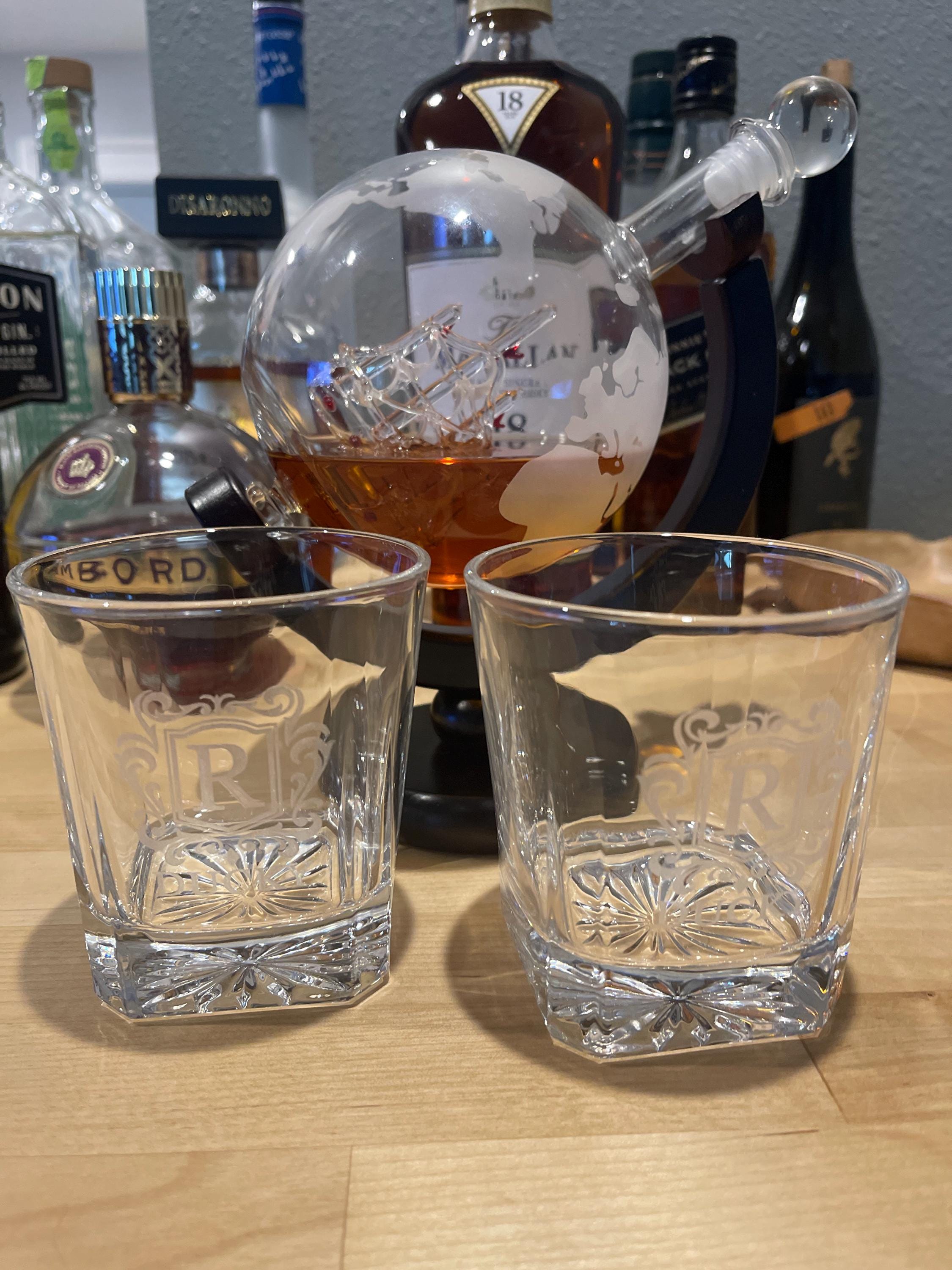 Globe Decanter Set with Two Engraved Square Glasses, Anniversary Gift for Him