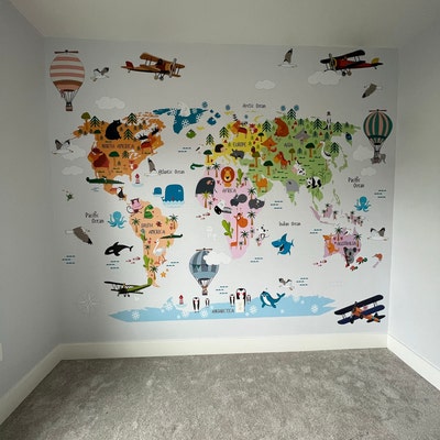 Funny Kids Animal Map Wallpaper Peel and Stick Wall Mural - Etsy