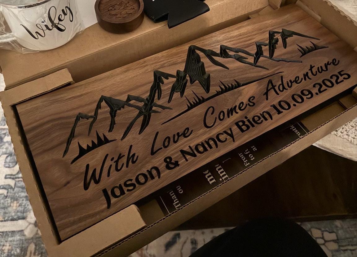 Custom Carved Mountain Wall Art - Unique Anniversary or Wedding Gift with Family Name Established Date Wood Sign, with Love Comes Adventure