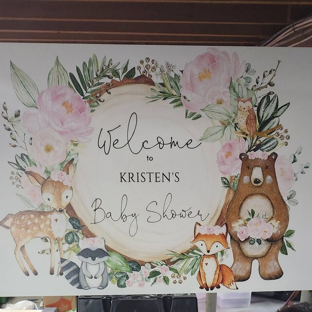 Woodland Baby Shower Porch Sign Banner - Pink Woodland Animal Welcome