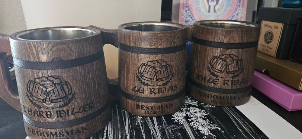 Personalized Groomsmen Beer Mug Custom Wooden Stein, Customizable Best Man Gift from Groom Engraved Wood Tankard, Wedding Gift for Father