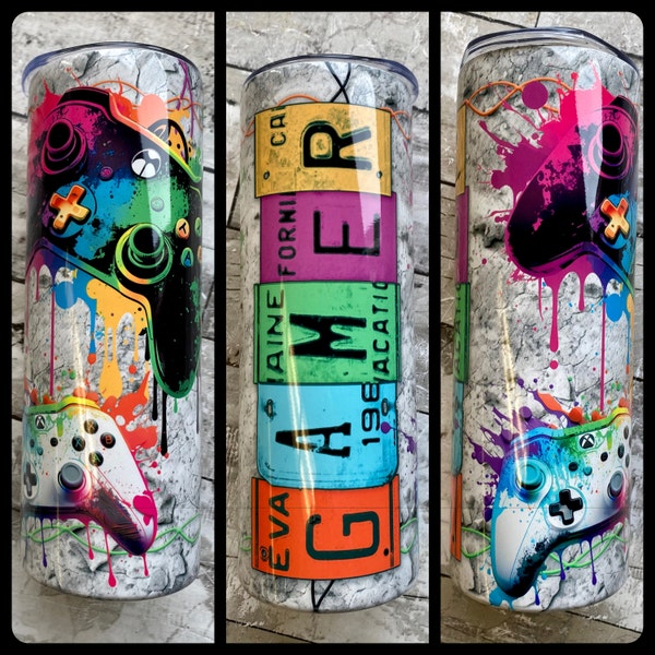 Gamer 20 Oz Skinny Tumbler Sublimation Design Neon Video Game ...